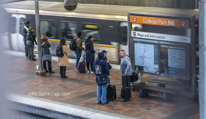 MARTA asked riders headed to Hartsfield-Jackson International Airport to transfer at the College Park station on the northbound platform. Shuttle trains are running between the College Park and Airport stations. (Photo: JOHN SPINK / JSPINK@AJC.COM)