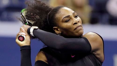 Serena Williams returns a shot to Vania King during the second round of the U.S. Open tennis tournament, Thursday, Sept. 1, 2016, in New York. (AP Photo/Darron Cummings)