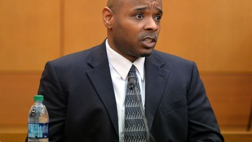 Former Dobbs Elementary School teacher Derrick Broadwater testifies Wednesday in the Atlanta Public Schools test-cheating trial before Judge Jerry Baxter in Fulton County Superior Court. (Kent D. Johnson, The Atlanta Journal-Constitution)