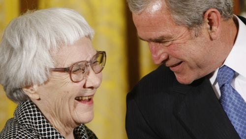 President Bush, right, shares a laugh with author Harper Lee, as he presented her with the Presidential Medal of Freedom during a ceremony in the East Room of the White House in Washington, Monday, Nov. 5, 2007. (AP Photo/Gerald Herbert) Harper Lee is seen here in 2007 receiving the Presidential Medal of Freedom from President George Bush.