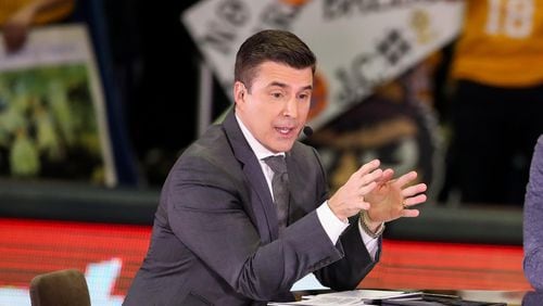 Jan 27, 2018; Morgantown, WV, USA; ESPN analyst Rece Davis leads the crew of ESPN College Gameday on set before the Big 12/SEC challenge game between West Virginia and Kentucky at WVU Coliseum. Mandatory Credit: Ben Queen-USA TODAY Sports ORG XMIT: USATSI-367693 ORIG FILE ID: 20180127_jla_qb3_013.jpg