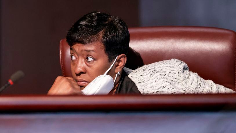 Council member Keisha Sean Waites during discussion as the Atlanta City Council held their first in person meeting since they were suspended at start of the pandemic In Atlanta on Monday, March 21, 2022.   (Bob Andres / robert.andres@ajc.com)