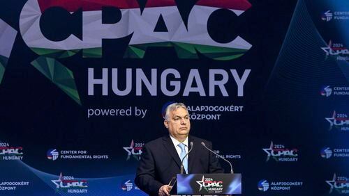 Hungarian Prime Minister Viktor Orban delivers his address at the third Hungarian edition of the Conservative Political Action Conference, CPAC Hungary, in Budapest, Hungary, Thursday, April 25, 2024. (Szilard Koszticsak/MTI via AP)