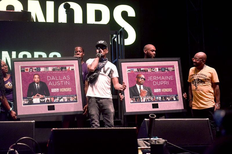 Music producers Dallas Austin (center) and Jermaine Dupri (right) were recognized and honored at the 2019 One Musicfest, which is celebrating its 10th anniversary at Centennial Park. RYON HORNE/RHORNE@AJC.COM