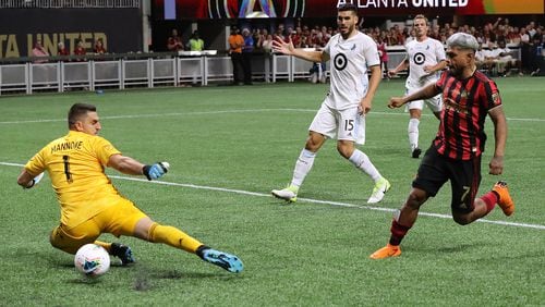 August 27, 2019 Atlanta: Atlanta United forward Josef Martinez is ruled offsides on a goal past Minnesota United goalkeeper Vito Mannone in a 2-1 Atlanta United victory to win the U.S. Open Cup on Tuesday, August 27, 2019, in Atlanta.  Curtis Compton/ccompton@ajc.com
