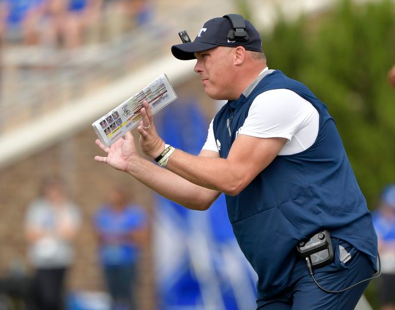 Head coach Geoff Collins of the Georgia Tech Yellow Jackets  reacts during the first half of their game against the Duke Blue Devils at Wallace Wade Stadium on October 12, 2019 in Durham, North Carolina. (Photo by Grant Halverson/Getty Images)