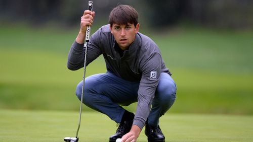 Ollie Schniederjans lines up a putt on the 12th hole during a continuation of the third round at the Genesis Open at Riviera Country Club on February 19, 2017 in Pacific Palisades, California. (Photo by Robert Laberge/Getty Images)
