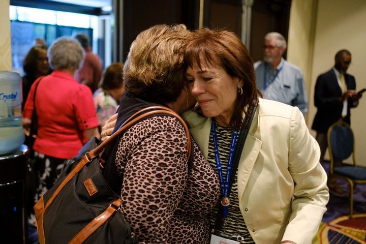 Lynda Bell (right), chairman of the board of Florida National Right to Life, reacts to the Supreme Court decision overturning Roe V. Wade at the The National Right to Life Convention at the Airport Marriott Hotel in Atlanta on Friday, June 24, 2022. (Arvin Temkar / arvin.temkar@ajc.com)