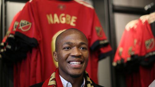 December 15 , 2017-Atlanta.Atlanta United midfielder Darlington Nagbe smiles during the warm welcome he received at at Mercedes-Benz Stadium on Friday, December 15.