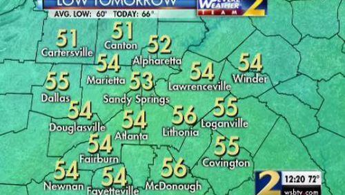 Lows are expected to remain in the 50s in most of metro Atlanta on Friday. (Credit: Channel 2 Action News)