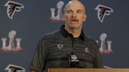 Falcons head coach Dan Quinn addresses the media during the Super Bowl LI press conference on February 2 in Houston, Texas.