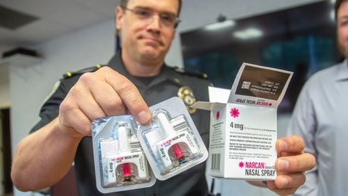 Police Chief Bill Grogan holds up a box of Narcan at Norcross City Hall on Friday, June 18, 2021.  STEVE SCHAEFER FOR THE ATLANTA JOURNAL-CONSTITUTION
