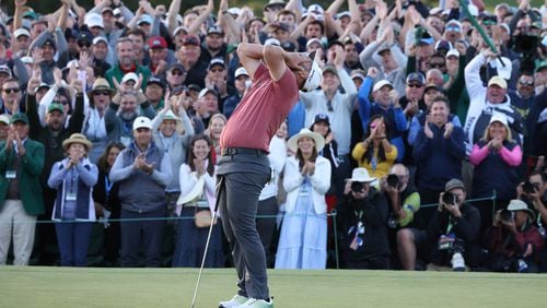 Jon Rahm celebrates winning the 2023 Masters Tournament at Augusta National Golf Club, Sunday, April 9 2023, in Augusta, GA.(Jason Getz / Jason.Getz@ajc.com)
