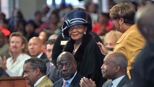 Christine King Farris, sister of the Rev. Martin Luther King  Jr., is escorted to her seat during the morning service at Ebenezer Baptist Church on Sunday, December 30, 2018.  She died in June at age 95. (Hyosub Shin/The Atlanta Journal-Constitution)