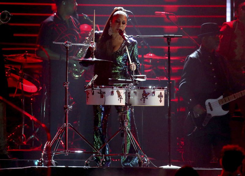 Sheila E. performs during a Prince tribute at the 62nd annual Grammy Awards on Sunday, Jan. 26, 2020, in Los Angeles.  Photo by Matt Sayles/Invision/AP