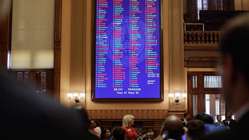 House legislators vote in favor of Senate Bill 233 at the Georgia State Capitol on Thursday, March 14, 2024. The bill would give $6,500 a year in state funds to the parents of each child who opts for private schooling. (Natrice Miller/ Natrice.miller@ajc.com)
