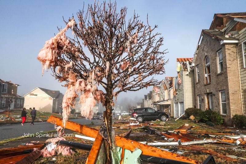Insulation drapes a tree in the storm-ravaged Jumpers Trail neighborhood in Fairburn. JOHN SPINK / JSPINK@AJC.COM