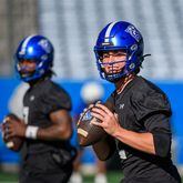 Georgia State quarterbacks run drills during spring football practice, at Center Parc Credit Union Stadium on Tuesday, March 19, 2024. (Jamie Spaar for The Atlanta Journal-Constitution)