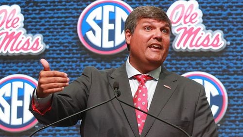 Ole Miss coach Matt Luke holds his SEC Media Days news conference at the College Football Hall of Fame on Tuesday, July 17, 2018, in Atlanta.  Curtis Compton/ccompton@ajc.com