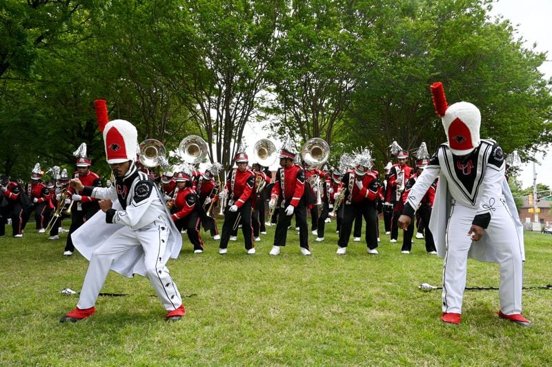 Clark Atlanta University's marching band performs following the funeral service of Rico Wade at Ebenezer Baptist Church on Friday, April 26, 2024. Rico Wade, an architect of Southern Hip Hop and one-third of the Grammy-nominated, multi-platinum-selling legendary production team Organized Noize and the de facto leader of The Dungeon Family, will be eulogized privately and by invitation only for family and friends on Friday, April 26, 2024. (Hyosub Shin / AJC)