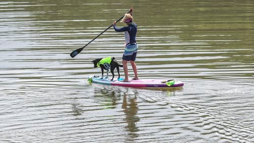 On a hot sunny day in June, Nisey Woods along with her dog Cali headed out from the river access at Morgan Falls Overlook Park in Sandy Springs on their paddle boards. John Spink / John.Spink@ajc.com)