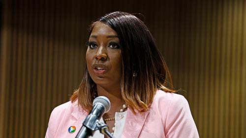 Chairwoman Nicole Love Hendrickson speaks during the SPLOST referendum meeting at Gwinnett Justice and Administration Center on Tuesday, June 7, 2022. (Natrice Miller / natrice.miller@ajc.com)

