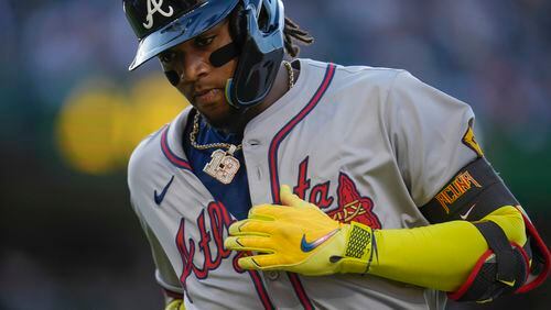 Atlanta Braves' Ronald Acuña Jr. jogs to the dugout after grounding out during the first inning of the team's baseball game against the Chicago Cubs, Wednesday, May 22, 2024, in Chicago. (AP Photo/Erin Hooley)