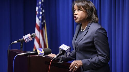 DeKalb County District Atorney Sherry Boston announces she won’t pursue further charges against former DeKalb CEO Burrell Ellis during a press conference on Monday. DAVID BARNES / DAVID.BARNES@AJC.COM
