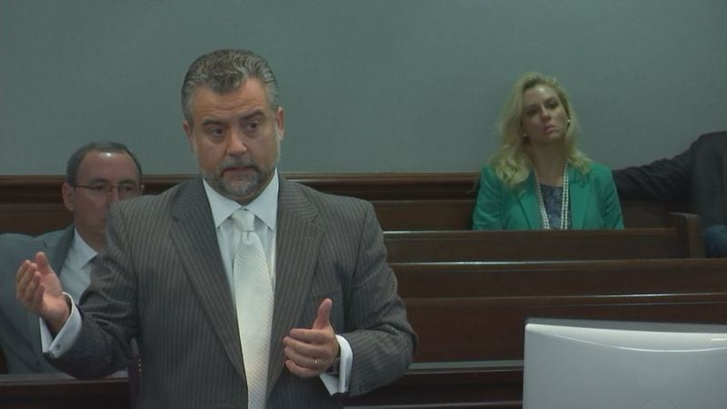 Defense attorney Maddox Kilgore asks for a mistrial in the murder trial of Justin Ross Harris at the Glynn County Courthouse in Brunswick, Ga., on Thursday, Oct. 27, 2016. Kilgore called the presentation of Harris' SUV to jurors "an absolute disaster."  (screen capture via WSB-TV)