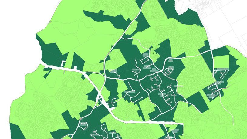 Sugar Hill hopes to close “gaps” in city limits. Light green areas are current Sugar Hill city limits, dark green are unincorporated areas of Greater Sugar Hill being considered for annexation. (Courtesy City of Sugar Hill)