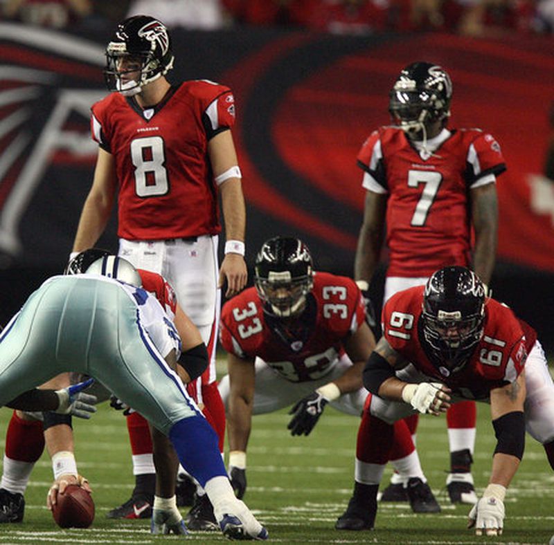 Matt Schaub (left, with Vick lining up at running back) was a backup with the Falcons from 2004-2006. He showed enough potential in spot appearances that some fans called for him to play more instead of the spectacular but erratic Vick. Ironically the Falcons traded Schaub away in March of 2007, then found themselves in need of a quarterback after Vick was lost to the federal dog-fighting charges.