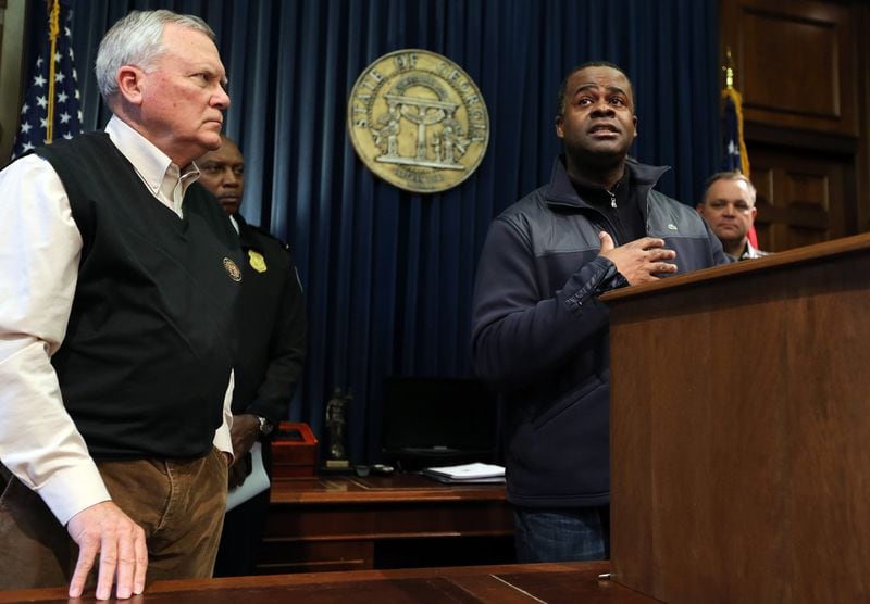At a January 29, 2014, press conference in the governor’s office at the state Capitol, Atlanta Mayor Kasim Reed responds to a pointed question about the city’s response to what’s become known as Snowmageddon. BEN GRAY / BGRAY@AJC.COM
