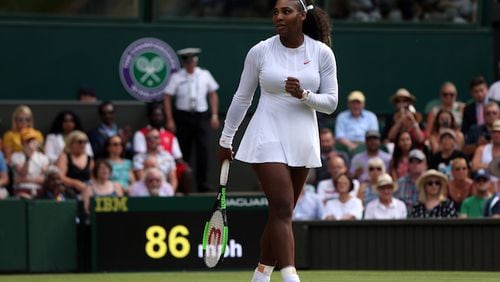 Serena Williams celebrates on day seven of the Wimbledon Championships at the All England Lawn Tennis and Croquet Club, Wimbledon, on July 9, 2018. (Jonathan Brady/PA Wire/Abaca Press/TNS)