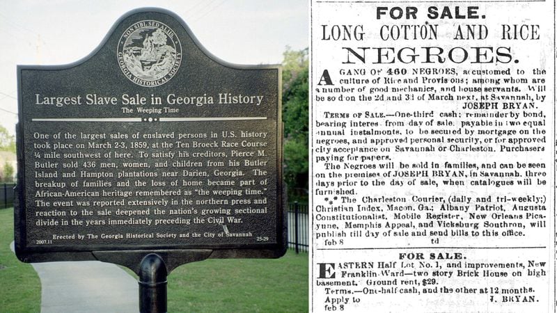 A historical marker in West Savannah stands close to the place of “The Weeping Time,” the largest sale of slaves in U.S. history. At right, a newspaper advertisement from 1859 announcing the sale. 