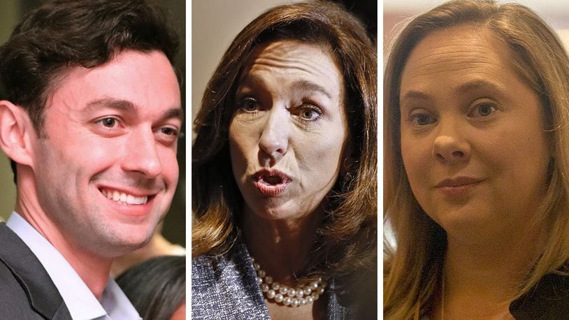 Democrats Jon Ossoff, Teresa Tomlinson, center, and Sarah Riggs Amico are competing in the June 9 primary for the U.S. Senate seat held by Republican David Perdue.