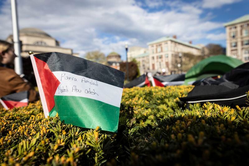 A Palestinian flag is displayed at the pro-Palestinian demonstration encampment at Columbia University in New York on Wednesday April 24, 2024. (AP Photo/Stefan Jeremiah)