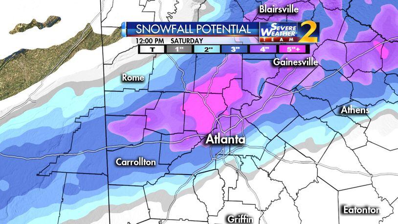 A Channel 2 Action News weather map shows the potential for snowfall in the metro Atlanta area.