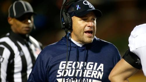 Georgia Southern coach Chad Lunsford speaks to his players during a break against Appalachian State on Thursday, Oct. 31, 2019, in Boone, N.C.
