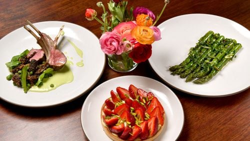 A spring menu from chef Forough Vakili of Le Bon Nosh in Buckhead includes (counterclockwise from right) Grilled Green Asparagus with Ramps Sauce, Georgia-Grown Grilled Lamb Rack with Pea and Morel Ragu, and Strawberry Tart. (Styling by chef Forough Vakili / Chris Hunt for the AJC)