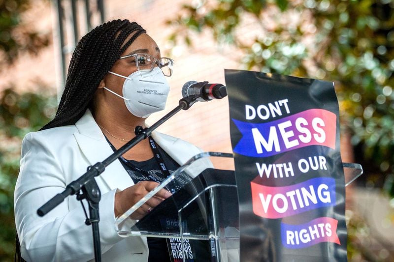U.S. Rep. Nikema Williams, D-Atlanta, speaks at the March On For Voting Rights rally near Ebenezer Baptist Church in Atlanta on Saturday, August 28, 2021. STEVE SCHAEFER FOR THE ATLANTA JOURNAL-CONSTITUTION