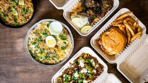 A selection of menu items at Atlanta Halal Meat & Food: (clockwise, from top center) masala lamb chops, the Karee Fried Chicken Sandwich, Farmo Fries with Nihari topping, goat biryani and haleem. CONTRIBUTED BY HENRI HOLLIS