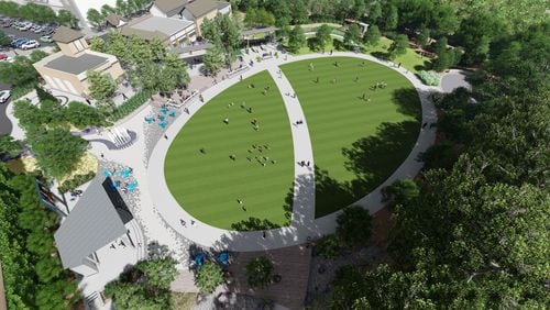 The Peachtree Corners Town Green will include a splash fountain, playable art, a community garden, outdoor dining areas and a path through a botanical garden that will connect the Town Green to The Forum shopping center. Courtesy TSW