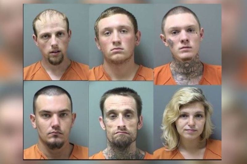 Six suspected Ghost Face gang members were arrested for a March assault on a former gang member. Top (left to right): Houston Halton Garner III, Frankie Cain Gilley, William Jeff Goodman. Bottom: Michael Lloyd Gravely, Corey James Ray, Heather Grace Rodgers. (Credit: Cherokee County Sheriff’s Office)