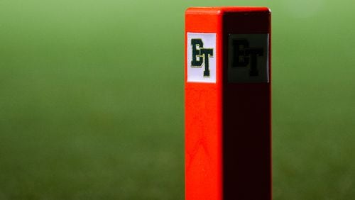 The touchdown pylon at Blessed Trinity high school sits in the endzone during the Blessed Trinity vs. Decatur high school football game on Friday, December 4, 2020, at Blessed Trinity high school in Roswell, Georgia. Blessed Trinity defeated Decatur 44-0 in the second round playoff game.  CHRISTINA MATACOTTA FOR THE ATLANTA JOURNAL-CONSTITUTION.
