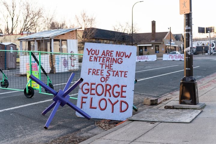 A sign marks an entry to George Floyd Square in Minneapolis on Monday, March 29, 2021. (Aaron Nesheim/The New York Times)