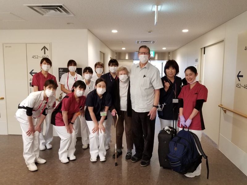 Here are Renee and Clyde Smith photographed in Japan with nurses who took care of them. They left the hospital on March 3 to head home. Staff moved Renee’s bed into her husband’s room so they could be together.CONTRIBUTED