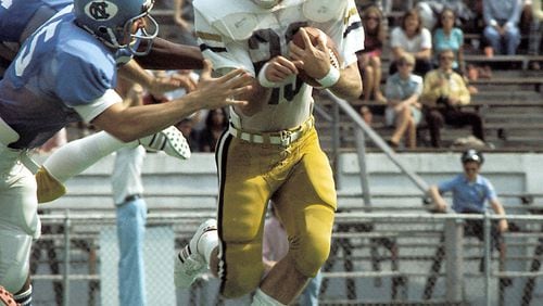 Randy Rhino, a three-time All-American defensive back and star punt-return man at Georgia Tech, in action at home against North Carolina on Oct. 12, 1974, a 29-28 Tech victory.