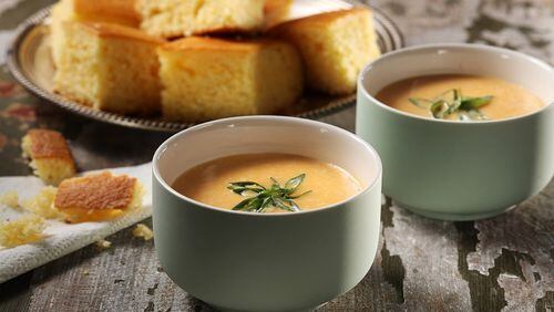 Sweet potatoes and leeks are backed up by milk, cayenne and plenty of butter in a silky smooth bisque, adapted from a recipe by Paul Fehribach of Big Jones. Food styling by Mark Graham. (Abel Uribe/Chicago Tribune/TNS)