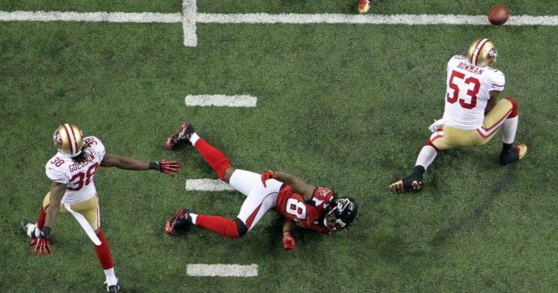 In the 2012 season, the Falcons (13-3) reached the Conference Championship for the first time since 2004. A comeback 30-28 win over Seattle in the Divisional Playoff set up a meeting with San Francisco 49ers (11-4-1). San Francisco rallied from 17 points down to take a 28-24 lead with 8 minutes remaining in the game. Atlanta drove 70 yards to San Francisco's 10 yard line. On 4th down, a pass to Falcons wide receiver Roddy White (center), defended by San Francisco 49ers linebacker NaVorro Bowman, fell incomplete. San Francisco moved on to the Super Bowl, losing to the Baltimore Ravens.