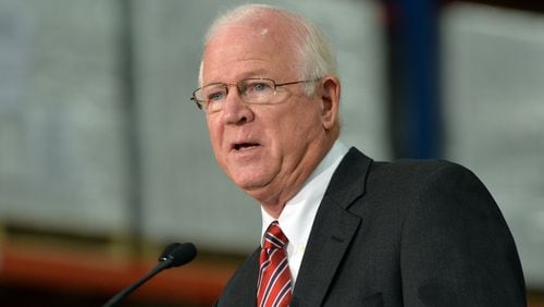 October 8, 2014 Locust Grove - Senator Saxby Chambliss speaks during a cost-sharing agreement event for the Savannah Harbor Expansion Project at Home Depot Direct Fulfillment Center on Wednesday, October 8, 2014. Gov. Nathan Deal announced that the U.S. Army Corps of Engineers, the Georgia Department of Transportation and the Georgia Ports Authority have signed a cost-sharing agreement for the Savannah Harbor Expansion Project, meaning dredging in the river could begin by the end of the year. HYOSUB SHIN / HSHIN@AJC.COM